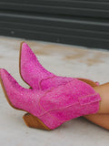 Hot Pink Rhinestone Pointy Chunky Heeled Western Cowgirl Ankle Boots
