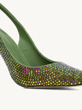 Green Rhinestone Cut-Out Pointed Toe Flared Heel Pumps For Women