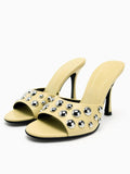 Yellow Stud Single Wide Strap Round Toe Flared Heeled Sandals Backless Slip-On Heels