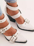 Triple Buckle Pointy Pumps With Back Zipper Western Chunky Heel