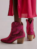 Rhinestone Zipper Round Toe Cowgirl Ankle Boots In Hot Pink Black Red