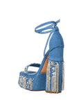 Rhinestone Fringe Single Band Open-toe Buckle Denim Platform Sandals With Adjustable-strap