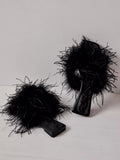Fluffy Feather Single Band Square Toe Flat Slippers