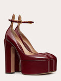Wine Red Patent Platform Block Heeled Pumps With Round Toe Ankle Strap