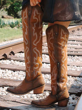 Vegan Leather Brown Embroidered Pointed-toe Chunky Heel Slip-on Knee High Cowgirl Boots