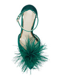 Green Fluffy Stiletto Heeled Pumps With Pointed Toe Ankle Strap For Women