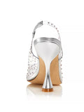 Clear Crystal Slingback Pumps Metallic Silver Insole Pointed-Toe Flared Heel PVC Pumps