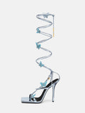 Metallic Blue Rhinestone Butterfly Herringbone Square Stiletto Heel Sandals Lace-Up Gladiators