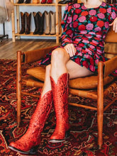 Women Red Snakeskin Round Toe Wide Mid Calf Cowboy Boots