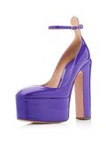Purple Patent Platform Block Heeled Pumps With Round Toe Ankle Strap