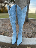 Denim Blue Embroidered Zipper Pointy Knee High Western Boots