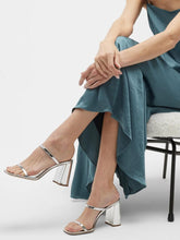 Metallic Silver Backless Slip-On Block Heeled Sandals With Square Toe Double Thin Strap