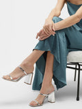 Metallic Silver Backless Slip-On Block Heeled Sandals With Square Toe Double Thin Strap