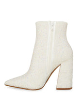 White Pearl Pointed Toe Block Heeled Ankle Boots For Women