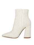 White Pearl Pointed Toe Block Heeled Ankle Boots For Women