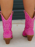Hot Pink Rhinestone Pointy Chunky Heeled Western Cowgirl Ankle Boots