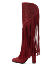 Red Rhinestone Fringe Block Heeled Knee High Tall Boots With Zip Square Toe Wide Calf