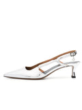 Metallic Mirror Pointy Buckled Kitten Slingback Pumps