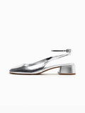 Metallic Silver Square Toe Ankle Buckle Strap Slingback Chunky Pumps