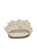 Ivory Rhinestone Pearl Single Wide Band Round Flats Slippers Sandals