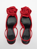Red Satin Rose Slingback Pumps With Kitten Heel Square Toe