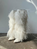 Fluffy Feather Faux Suede Zip Pointy Stiletto Heeled Mid Calf Boots - White & Black