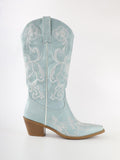 Light Blue Floral Embroidered Wide Mid Calf Cowgirl Boots Block Heeled Western Boots
