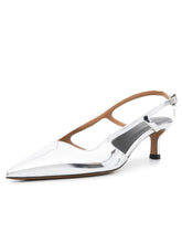 Metallic Mirror Pointy Buckled Kitten Slingback Pumps