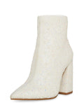 White Pearl Pointed Toe Block Heeled Ankle Boots For Women