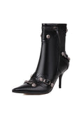 Studs Fringed Zipper Pointed-toe Mid-Calf Cowgirl Boots With Stiletto Heels