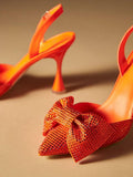 Rhinestone Bow Pointy Buckled Slingback Flared Pumps - Vegan Leather Orange & Velvet Brown
