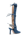 Slingback Strap Rhinestone Chain Denim Gladiator Pointed-Toe Mid Heel Over-The-Knee Boots For Women