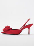 Red Satin Rose Slingback Pumps With Kitten Heel Square Toe