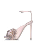 Pink Rhinestone Floral Applique Round Stiletto Heeled Dress Sandals With Buckle Ankle Strap