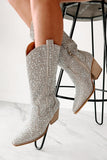 Rhinestone Pointy Wide Slip-on Mid-Calf Cowgirl Boots