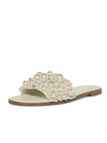 Ivory Rhinestone Pearl Single Wide Band Round Flats Slippers Sandals