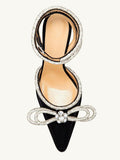 Black Satin Rhinestone Bow Platform Flared Heeled Pumps With Pointed Toe Ankle Strap