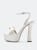 White Double Bows Silk Platform Flared Heeled Sandals With Round Toe Ankle Strap