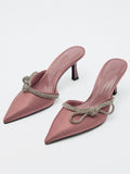 Grey Pink Satin Rhinestone Bow Pointy Backless Pumps High Heeled Slip-On Mules