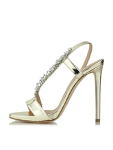 Metallic Green Rhinestone Asymmetric Back Strap Slingbacks Stiletto Heeled Dress Sandals