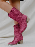 Glitter Pointed-Toe Slip-on Mid-Calf Western Boots