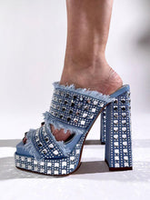 Blue Fray Denim Rhinestone Two Strap Square Backless Slip-On Sandals With Platform Chunky Heel