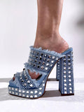 Blue Fray Denim Rhinestone Two Strap Square Backless Slip-On Sandals With Platform Chunky Heel