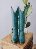Turquoise Eagle Embroidered Knee High Western Boots With Snip Toe Zipper