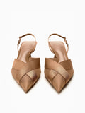 Tan Semi-Transparent Mesh Satin Buckled Slingback Pointy Kitten Flared Pumps