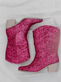 Glitter Pointed-Toe Slip-on Mid-Calf Western Boots