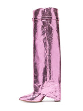 Metallic Bright Snakeskin Pink Fold Over Single Band Pointed-toe Chunky Heel Mid-Calf Cowgirl Boots