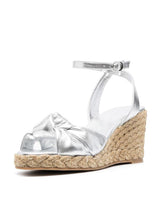 Silver Metallic Bright Surface Tie A Knot Open-toe Espadrille Wedge Sandals With Buckle Ankle Strap