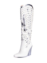 Eagle Rhinestone Zip Pointy Block Cut-Out Heel Western Cowgirl Mid Calf Boots