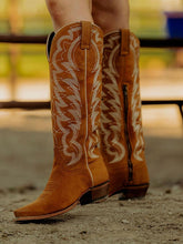 Brown Faux Suede Embroidered Snip-toe Chunky Heel Slip-on Mid-Calf Cowgirl Boots